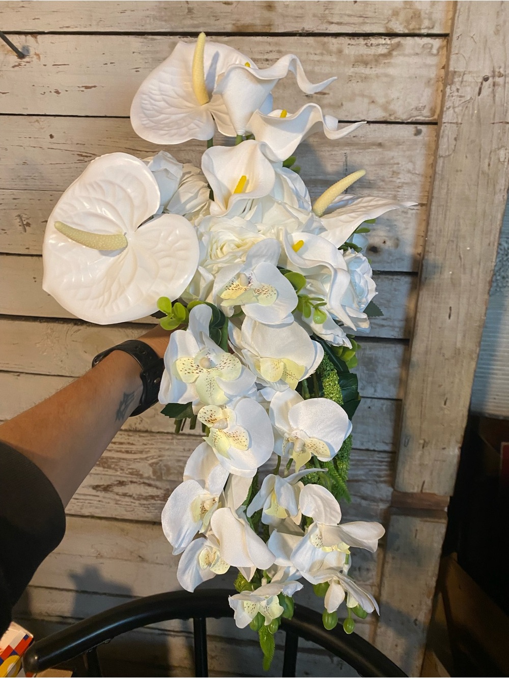 Contemporary White Cascading Silk Floral Bouquet with matching boutonnière